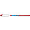 A red Schneider ballpoint pen with blue and silver details and a separate cap.