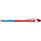 A red Schneider brand ballpoint pen. The pen has a blue and transparent plastic casing.