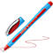 A blue pen with red writing and a red accent, next to it the cap, a red line runs out of the tip.