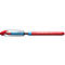 A red ballpoint pen with a blue middle section and a transparent casing. The shaft says "Schneider".