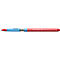 A red ballpoint pen with blue and silver elements. The pen bears the brand name Schneider.