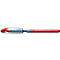 A red ballpoint pen with a blue central section and transparent housing, lying on a surface. The pen says 'Schneider', 'Slider Basic'.