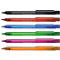 Six Schneider Fave ballpoint pens in various colors lie side by side: black, red, blue, green, pink and orange.
