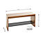 Banc en bois avec 3 barres noires. Dimensions : 80 x 40 x 30 cm. Etiquette pour revêtement en résine de mélamine.