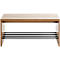 Tabouret avec surface en bois et barres transversales noires en dessous.