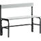 Banc gris avec dossier et pieds en métal noir.