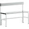 Banc en métal gris avec dossier. Cadre blanc, assise et dossier gris. Sur fond blanc.