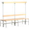 Banc de vestiaires, fils en acier/bois, double, avec portemanteaux, L 2000 mm, gris clair