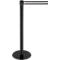 Black stanchion with retractable webbing. The post has a round base, a narrow body, and a belt with a white line.