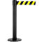 Black stanchion with yellow and black striped retractable belt.