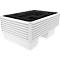 Dispositivo rectangular blanco con estructura lateral acanalada y parte superior rectangular negra con recortes.