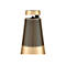 Goldener Bang & Olufsen Lautsprecher mit Lamellen-Design auf weißem Hintergrund.