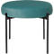 Ronde kruk met turkoois stoffen bekleding, zwart metalen frame. Vier poten, eenvoudig ontwerp.