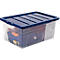 Transparante opbergbox met blauw deksel, gevuld met spullen.