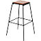 Stool with square wooden top and black metal frame.