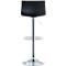 A black bar stool with a chrome frame. The seat is square and padded, the footrest is round.