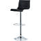 Black, chrome-plated bar stool without armrests. Round base, footrest, seat and backrest made of plastic.