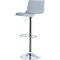 Gray bar stool with chrome frame. The seat is slightly curved, the footrest is angular.