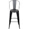 Black metal bar stool with backrest. The seat is rectangular, the legs are slightly splayed.