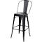 Black metal bar stool, high seat, backrest and footrest.