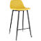 Yellow bar stool with black frame, front view.