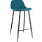 A bar stool with a teal seat and black legs. Modern design.