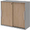 Gray cabinet with wood front with two sliding doors and silver handles.