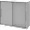 Gray cabinet with sliding doors and silver handles.