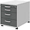 Grey and white rolling cabinet with four drawers. Drawers with silver handles, a lock on top. Standing on small wheels.