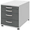 Grey mobile pedestal with three drawers, silver handles, lock and castors.