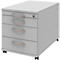 Gray three-drawer pedestal. The drawers have silver handles and black castors.