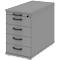 Gray, rectangular office cabinet with four drawers, dark handles and a keyhole.