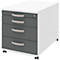 White mobile pedestal with three gray drawers and silver handles. On wheels.