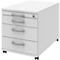White mobile pedestal with three drawers and silver handles. It stands on black castors.