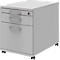 Grey mobile pedestal with three drawers and handles. The top drawer has a keyhole. The cabinet stands on wheels.