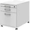 White mobile pedestal with three drawers. The handles are silver, one drawer has a lock. On four wheels.