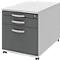 Gray office container with three drawers, handles, and wheels. White top panel.