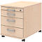 Beige roll container with three drawers and silver handles, stands on small wheels.