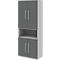 Tall cabinet in grey and white with doors and handles.