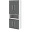 Tall cabinet with gray doors and open shelves.