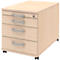 Beige office cabinet on wheels with three drawers and silver handles. There is a keyhole at the top.