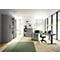 Modern office with desk, chair, cabinets, vase, laptop. Bright room with parquet floor and large window.