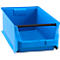 Bac de stockage bleu ouvert en plastique avec une barre transversale noire sur fond blanc.