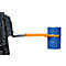 An orange drum grabber attached to a forklift holds a blue drum.