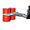 Three red barrels are being transported by a forklift with a lifting device.