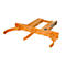 Orange forklift clamp, specially designed for lifting barrels. Two curved arms that open and close to grip the barrel.