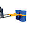 Forklift with barrel clamp holding two blue barrels. The barrel clamp is orange and the barrels are secured with a yellow strap.