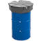 Blue metal drum with gray lid. The lid is octagonal and has a closure.