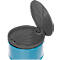 Blue-turquoise trash can with open gray lid. The lid has a round shape with radial struts.