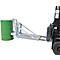 Forklift holding a green barrel. The barrel is held by a silver lifting device.